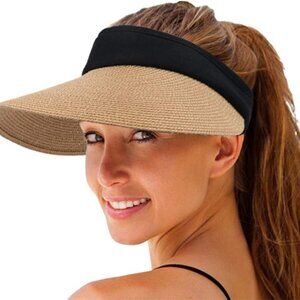 Women Straw Sun Visor Hat Wide Brim Summer UV Protection Beach Cap Foldable Pack
